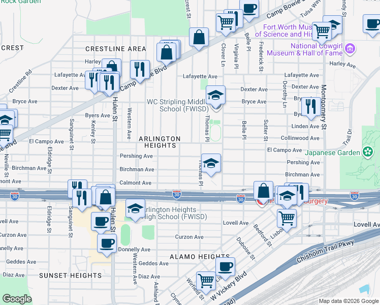 map of restaurants, bars, coffee shops, grocery stores, and more near 4228 Pershing Avenue in Fort Worth