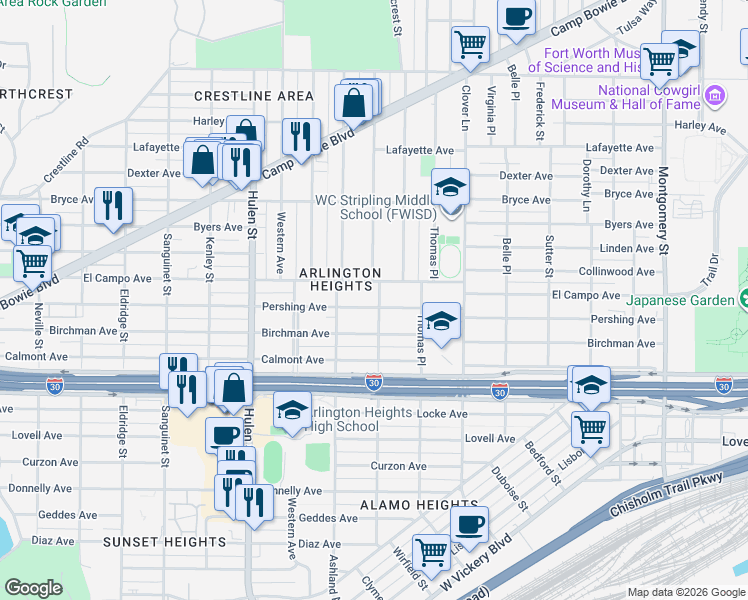 map of restaurants, bars, coffee shops, grocery stores, and more near 4312 Pershing Avenue in Fort Worth
