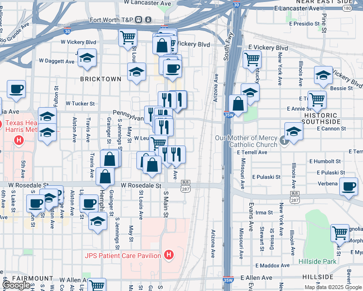map of restaurants, bars, coffee shops, grocery stores, and more near 812 Crawford Street in Fort Worth