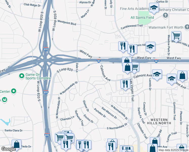 map of restaurants, bars, coffee shops, grocery stores, and more near 8920 Branchwood Trail in Fort Worth
