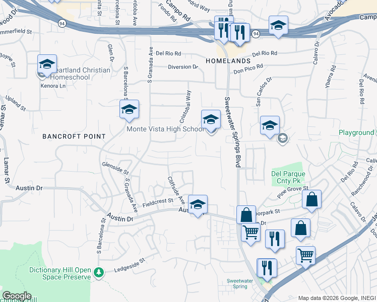 map of restaurants, bars, coffee shops, grocery stores, and more near 10077 Canyonview Court in Spring Valley