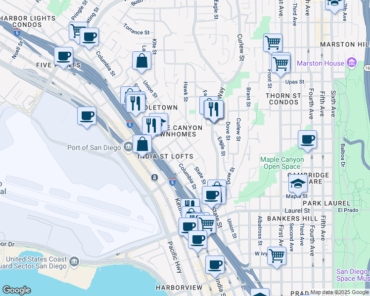 map of restaurants, bars, coffee shops, grocery stores, and more near 1034 West Quince Street in San Diego
