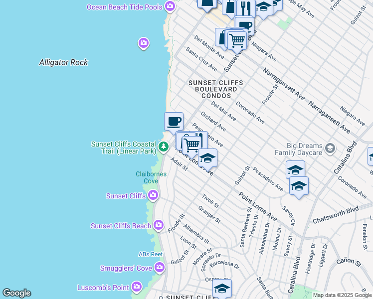 map of restaurants, bars, coffee shops, grocery stores, and more near 4736 Point Loma Avenue in San Diego