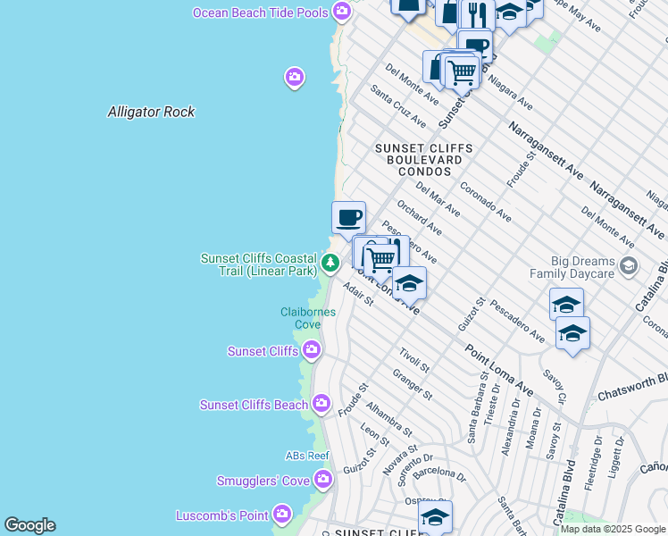 map of restaurants, bars, coffee shops, grocery stores, and more near in San Diego
