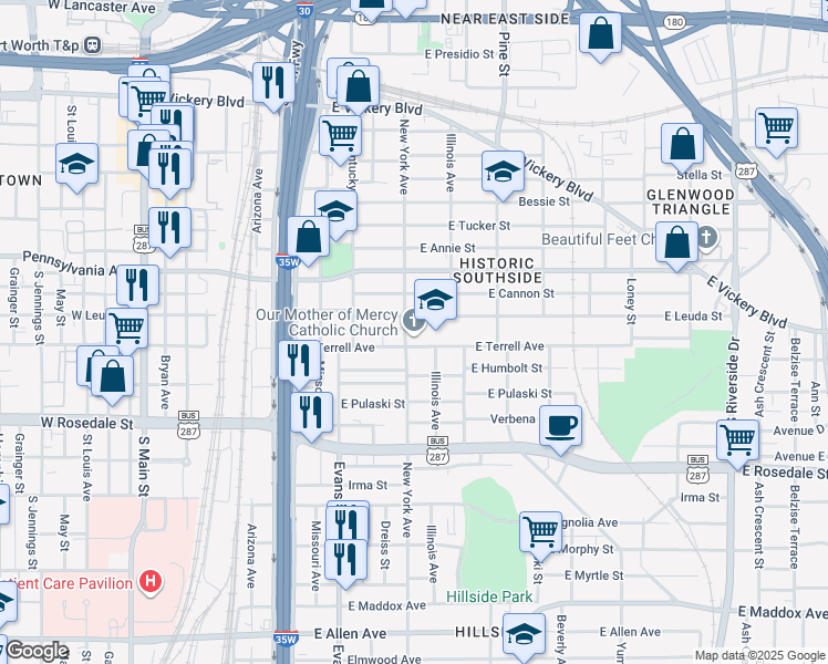 map of restaurants, bars, coffee shops, grocery stores, and more near 1003 East Terrell Avenue in Fort Worth