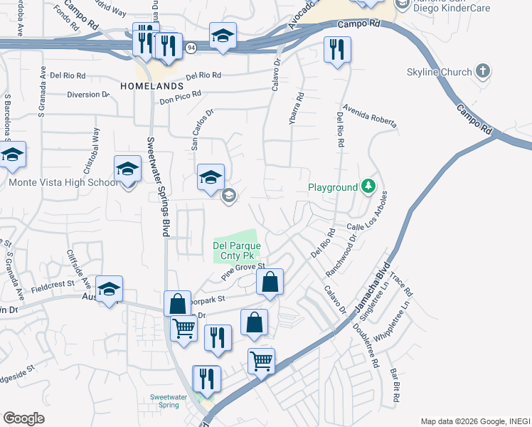 map of restaurants, bars, coffee shops, grocery stores, and more near 3119 Villa Colina in Spring Valley