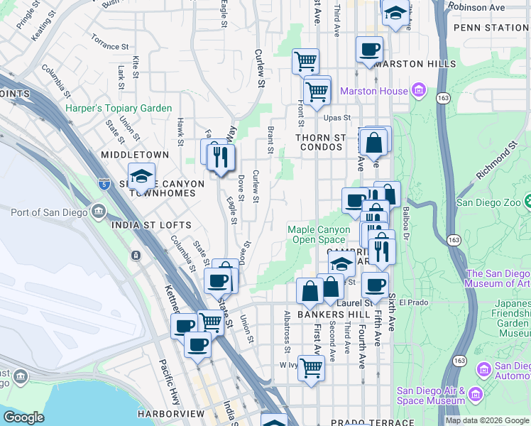 map of restaurants, bars, coffee shops, grocery stores, and more near 2929 Brant Street in San Diego