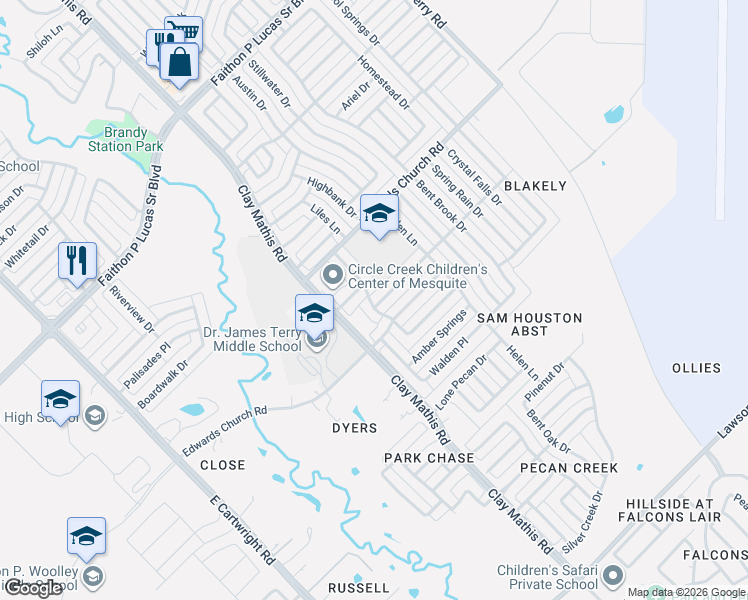 map of restaurants, bars, coffee shops, grocery stores, and more near 2208 Waterway Drive in Mesquite