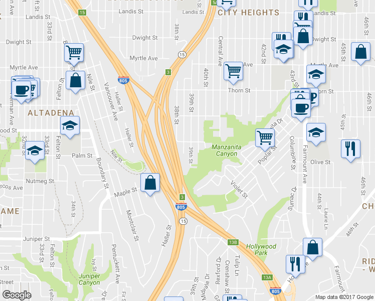 map of restaurants, bars, coffee shops, grocery stores, and more near 2924 39th Street in San Diego