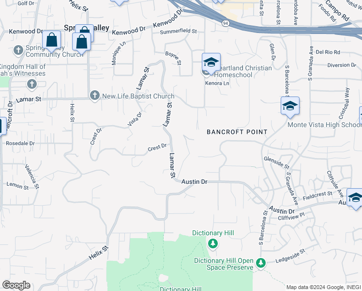 map of restaurants, bars, coffee shops, grocery stores, and more near 9600 Lamar Street in Spring Valley