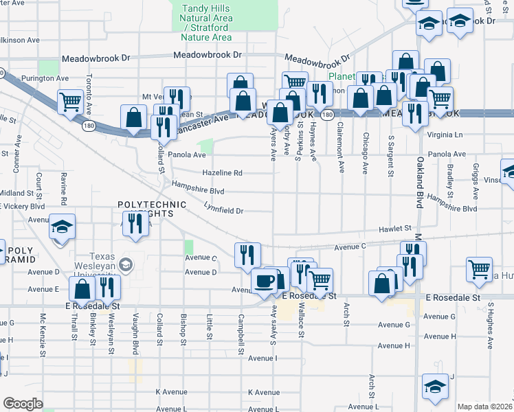 map of restaurants, bars, coffee shops, grocery stores, and more near 3613 Lynnfield Drive in Fort Worth