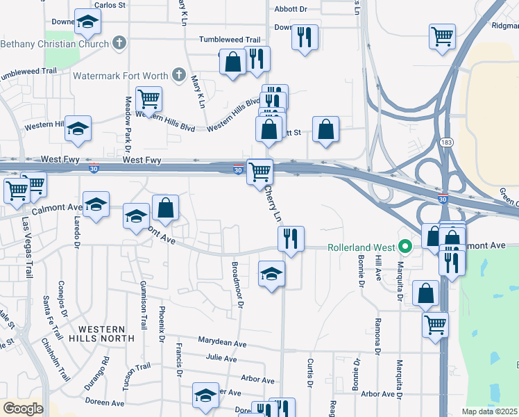 map of restaurants, bars, coffee shops, grocery stores, and more near 2620 South Cherry Lane in Fort Worth