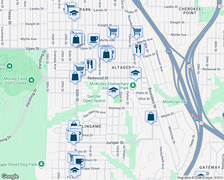 map of restaurants, bars, coffee shops, grocery stores, and more near in San Diego