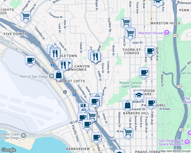 map of restaurants, bars, coffee shops, grocery stores, and more near 2957 Reynard Way in San Diego