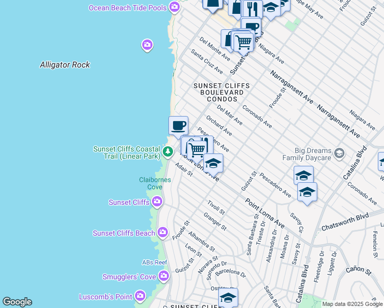 map of restaurants, bars, coffee shops, grocery stores, and more near 4736 Point Loma Avenue in San Diego