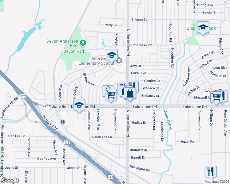 map of restaurants, bars, coffee shops, grocery stores, and more near 6977 Saint Regis Drive in Dallas