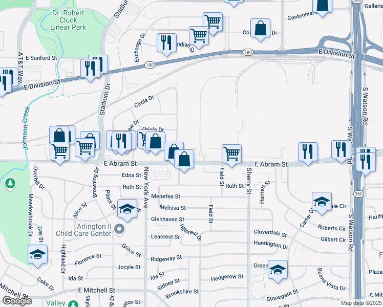 map of restaurants, bars, coffee shops, grocery stores, and more near 105 Circle Drive in Arlington