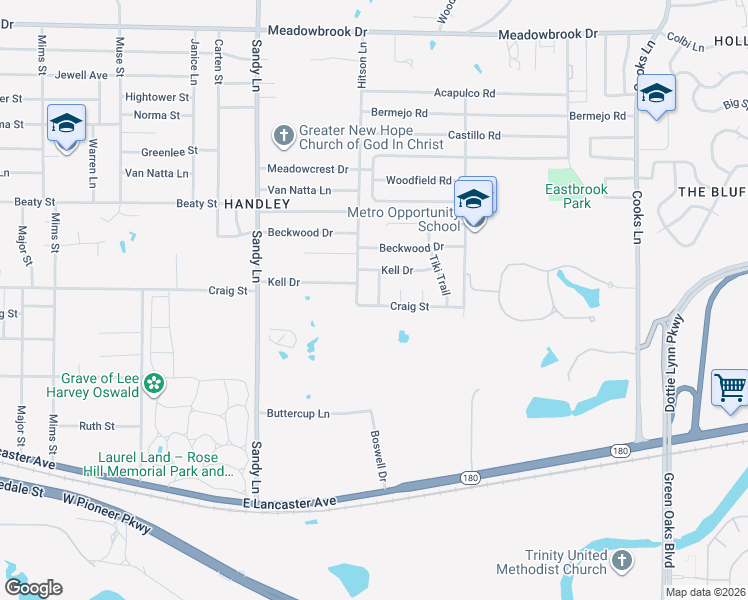 map of restaurants, bars, coffee shops, grocery stores, and more near 7505 Craig Street in Fort Worth