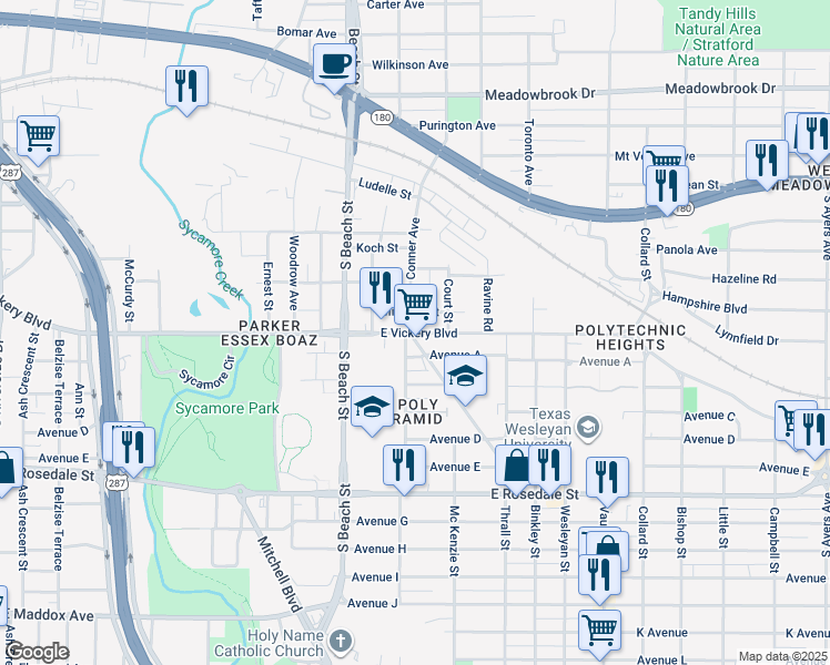 map of restaurants, bars, coffee shops, grocery stores, and more near 801 Nashville Avenue in Fort Worth