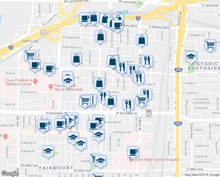 map of restaurants, bars, coffee shops, grocery stores, and more near 800 South Jennings Avenue in Fort Worth