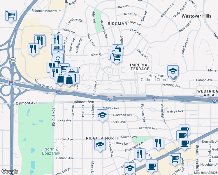map of restaurants, bars, coffee shops, grocery stores, and more near 2508 Ridgmar Square Apartment in Fort Worth