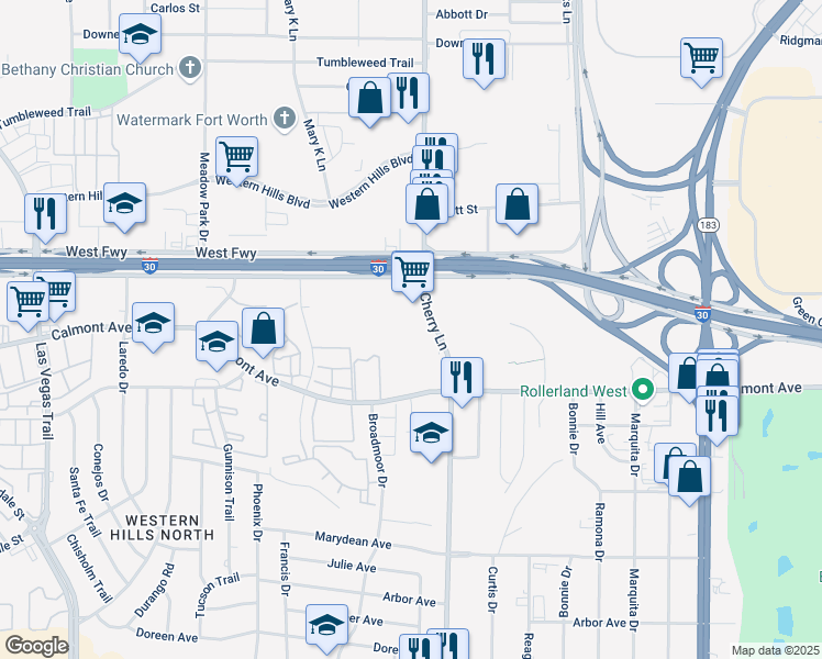 map of restaurants, bars, coffee shops, grocery stores, and more near 2620 South Cherry Lane in Fort Worth