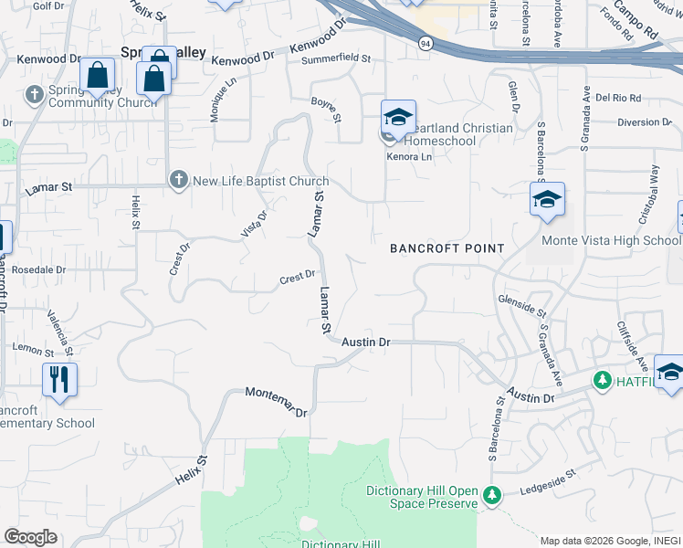 map of restaurants, bars, coffee shops, grocery stores, and more near 9612 Lamar Street in Spring Valley