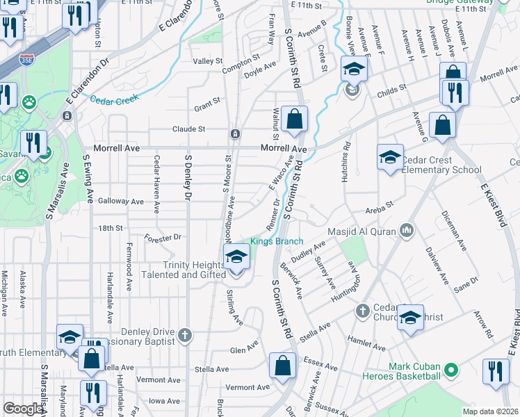 map of restaurants, bars, coffee shops, grocery stores, and more near 1502 East Waco Avenue in Dallas