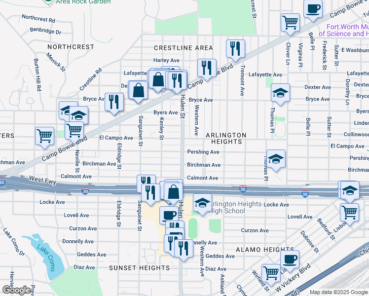 map of restaurants, bars, coffee shops, grocery stores, and more near 4536 Pershing Avenue in Fort Worth