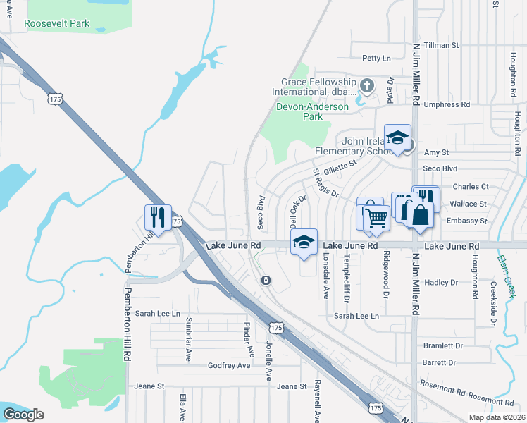 map of restaurants, bars, coffee shops, grocery stores, and more near 6454 Seco Boulevard in Dallas