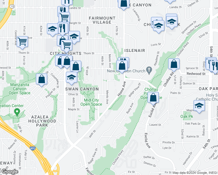 map of restaurants, bars, coffee shops, grocery stores, and more near 2885 Menlo Avenue in San Diego
