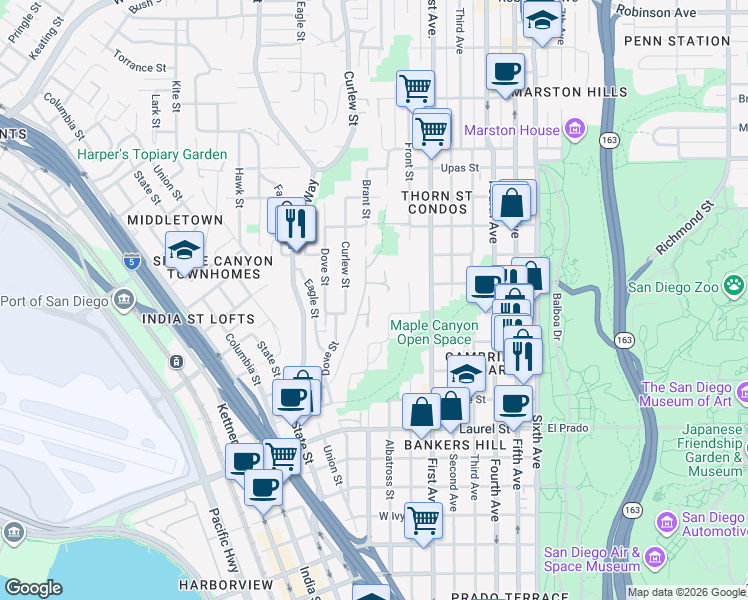 map of restaurants, bars, coffee shops, grocery stores, and more near 2929 Brant Street in San Diego