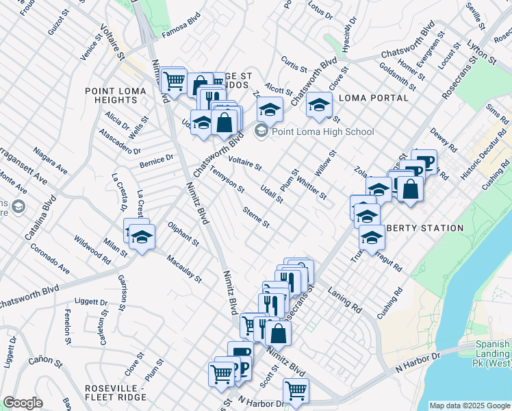 map of restaurants, bars, coffee shops, grocery stores, and more near 3433 Tennyson Street in San Diego