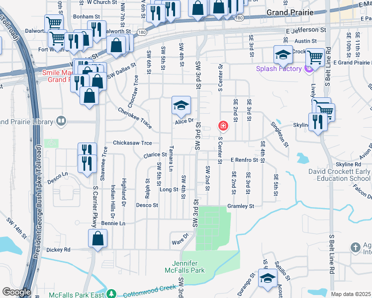 map of restaurants, bars, coffee shops, grocery stores, and more near 300 Clarice Street in Grand Prairie