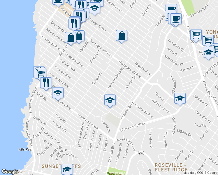 map of restaurants, bars, coffee shops, grocery stores, and more near 1649 Santa Barbara Street in San Diego