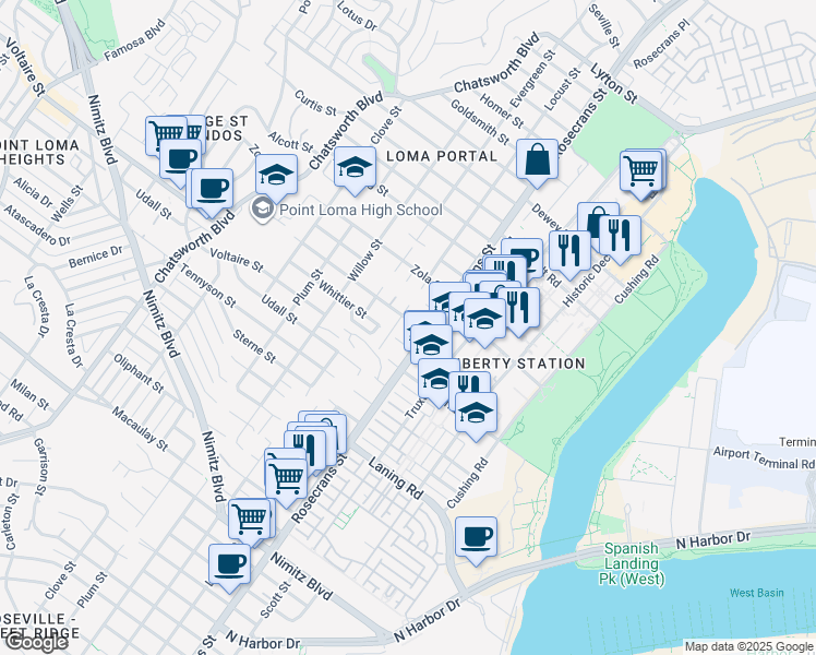 map of restaurants, bars, coffee shops, grocery stores, and more near 3027 Xenophon Street in San Diego