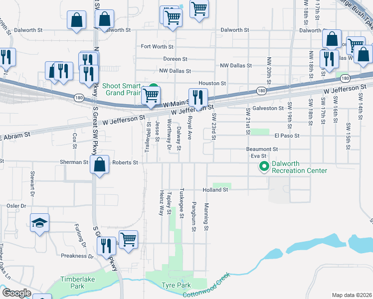 map of restaurants, bars, coffee shops, grocery stores, and more near 530 Royal Avenue in Grand Prairie
