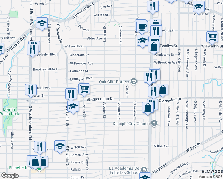 map of restaurants, bars, coffee shops, grocery stores, and more near 2627 Aster St in Dallas