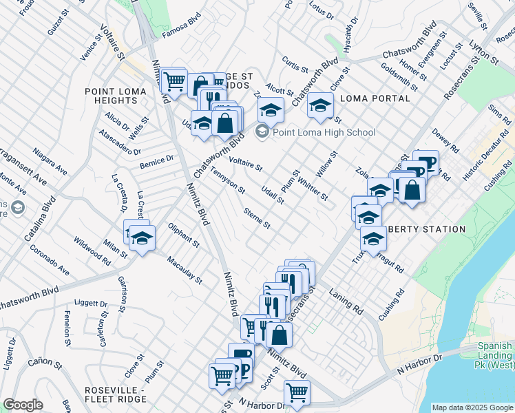 map of restaurants, bars, coffee shops, grocery stores, and more near 3433 Tennyson Street in San Diego