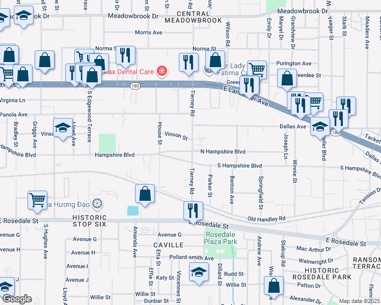 map of restaurants, bars, coffee shops, grocery stores, and more near 812 Tierney Road in Fort Worth