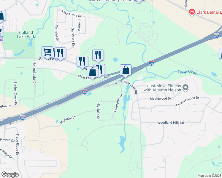 map of restaurants, bars, coffee shops, grocery stores, and more near 2120 Lakeforest Drive in Weatherford