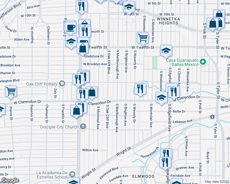 map of restaurants, bars, coffee shops, grocery stores, and more near 929 South Marlborough Avenue in Dallas