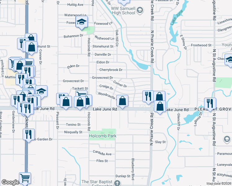 map of restaurants, bars, coffee shops, grocery stores, and more near 8700 Craige Drive in Dallas