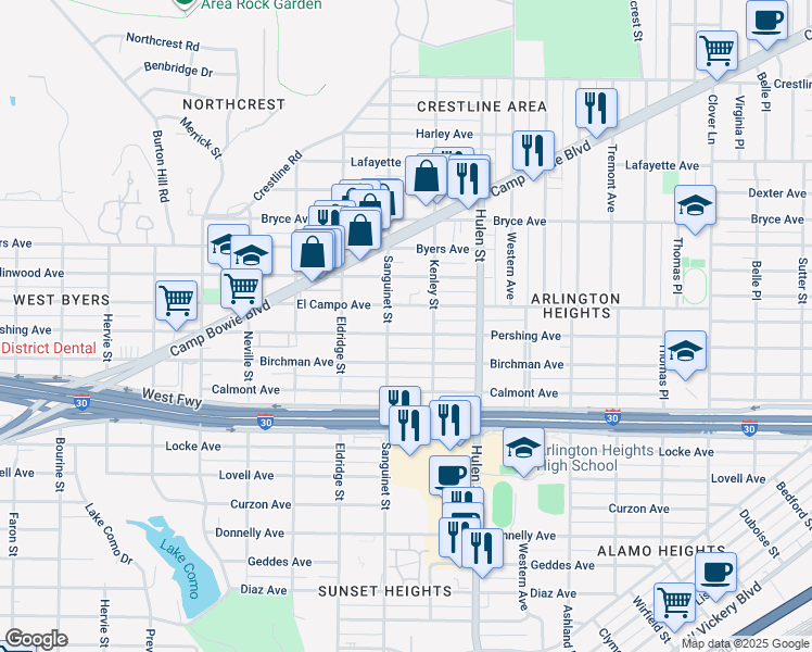map of restaurants, bars, coffee shops, grocery stores, and more near 4718 Pershing Avenue in Fort Worth