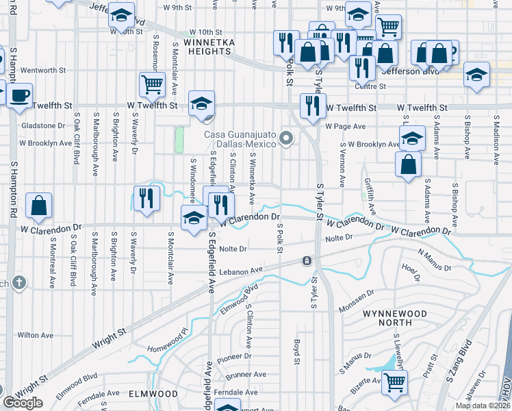 map of restaurants, bars, coffee shops, grocery stores, and more near 928 South Winnetka Avenue in Dallas