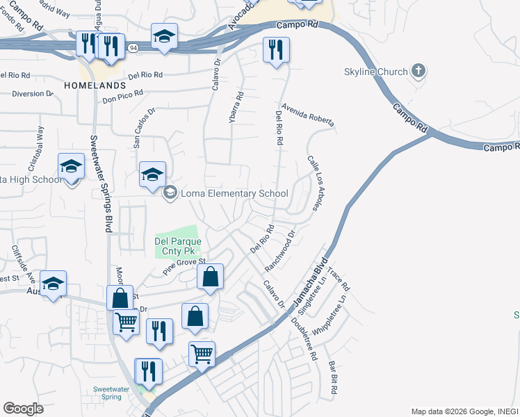 map of restaurants, bars, coffee shops, grocery stores, and more near 10723 Villa Bonita in Spring Valley