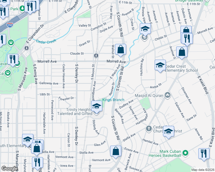 map of restaurants, bars, coffee shops, grocery stores, and more near 1502 East Waco Avenue in Dallas