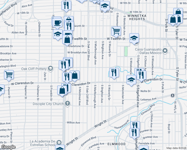 map of restaurants, bars, coffee shops, grocery stores, and more near 929 South Marlborough Avenue in Dallas
