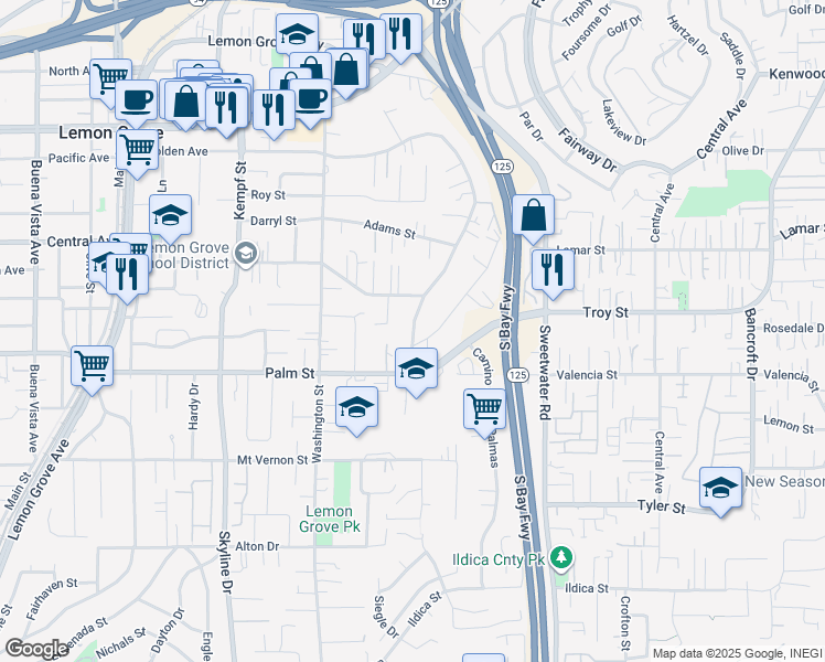 map of restaurants, bars, coffee shops, grocery stores, and more near Golden Avenue in Lemon Grove