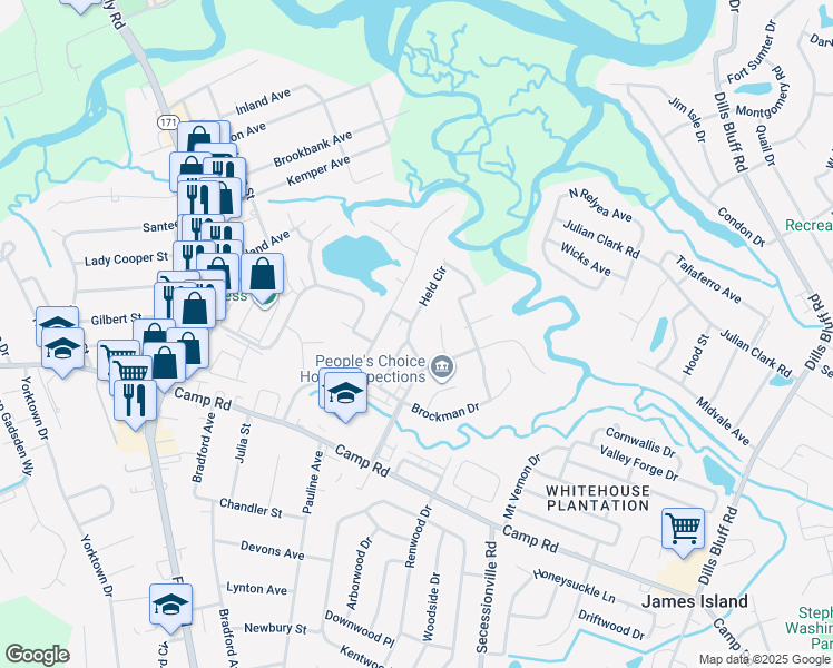 map of restaurants, bars, coffee shops, grocery stores, and more near 47 Held Circle in Charleston